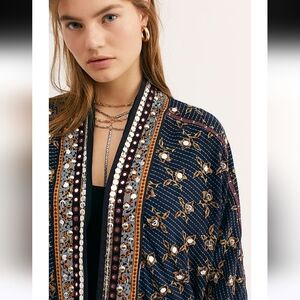 FREE PEOPLE Rays Of Light Flowy Gypsy Embellished Navy Boho Jacket NWT RARE
